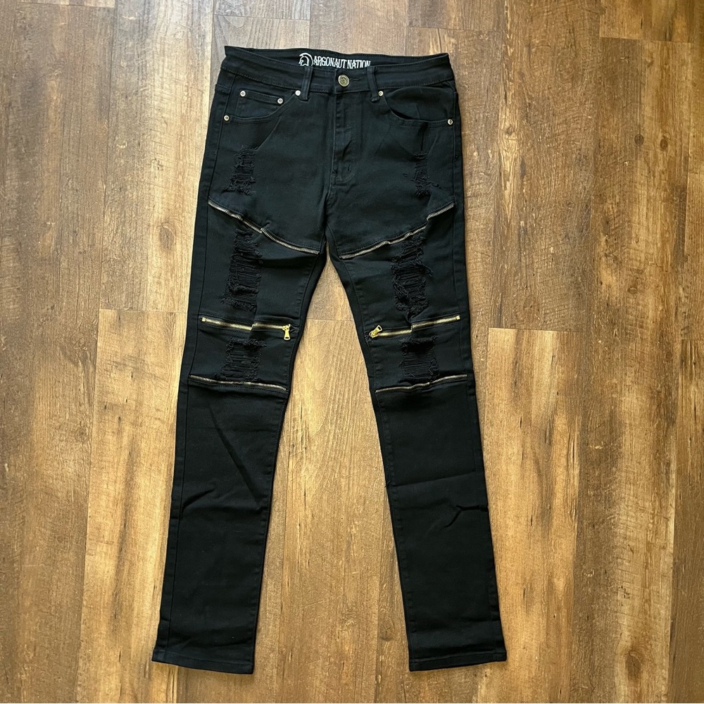 Argonaut Nation Ultra Slim Jeans Size Size 34 x 34 Black Distressed Zippers